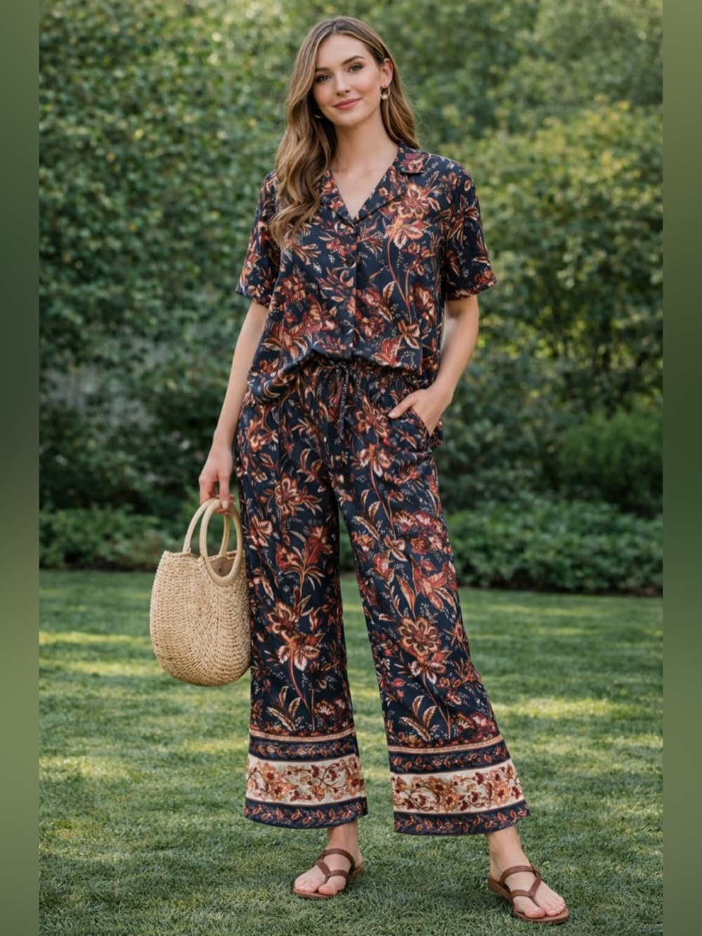 Floral Matching Set – Relaxed Button-Up & Wide Leg Pants